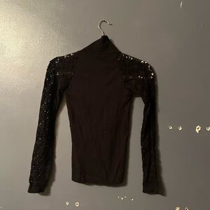 Free People Black Knit Lace Sleeve Turtleneck NWOT